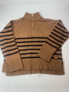 Dkny Brown Half-Zip Striped Sweater size large